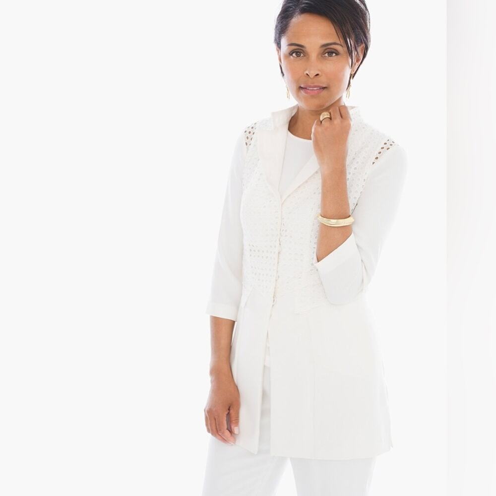 Chico’s Eyelet Duster Jacket Ivory White Open Front 3 4 Sleeve Womens Size Small